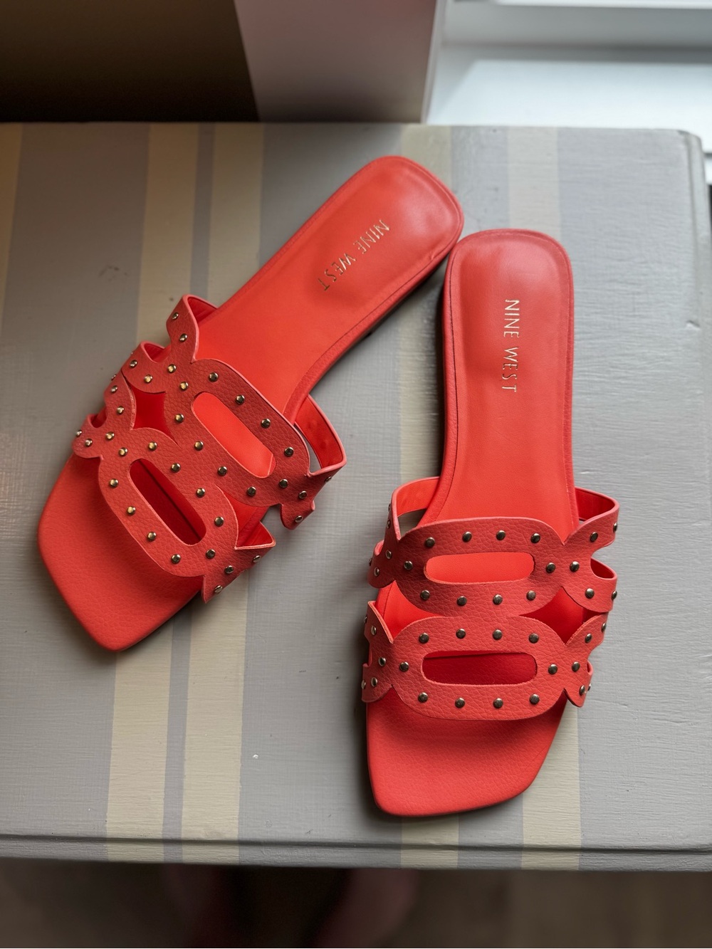 Nine West McKinna Studded Square Toe Flat Slide Sandals NWOT
